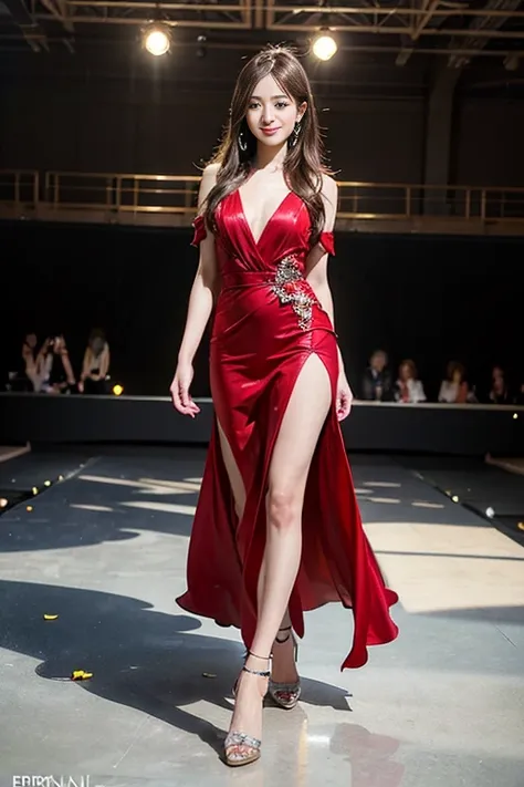 japanese woman, 16 years old, 1 girl, (smile:1.6) ,amazingly beautiful girl, Full body Esbian,expensive_couture, designer dresses, high heels,high fashion, dynamic angle, fashion show, (Indoor runway:1.4),long shaped face, beautiful face, Black eyes, Sandy...