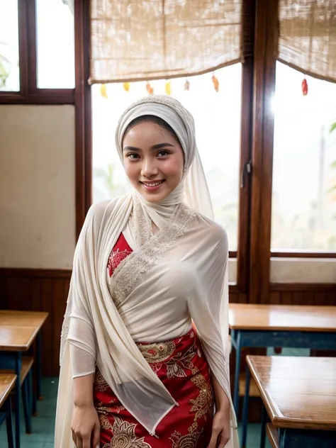 cinematic silhouette of an Indonesian girl wearing a hijab, sweating, posing facing the camera, smiling seductively, wearing authentic sexy Balinese traditional clothing, the top is slightly nude and there is a white and red shawl and the other is colorful...