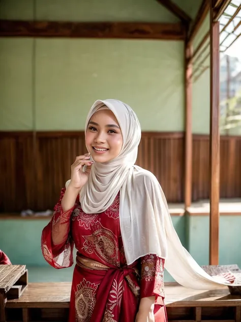 cinematic silhouette of an Indonesian girl wearing a hijab, sweating, posing facing the camera, smiling seductively, wearing authentic sexy Balinese traditional clothing, the top is slightly nude and there is a white and red shawl and the other is colorful...