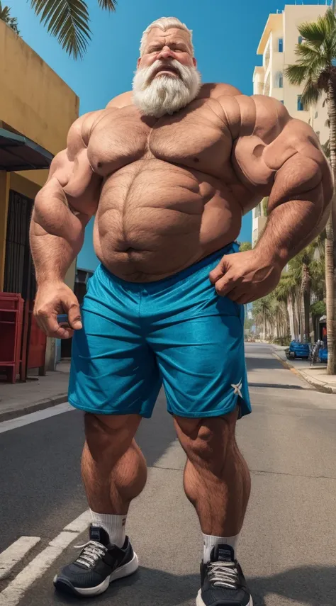 chubby old man in street city, old man, thick arm, huge arm, bearded. white hair and beard, bearded, muscular, pectoral, wide pectoral, beach, palm, realistic, 8k, masterpiece, (wearing shorts and shirtless, shoes)