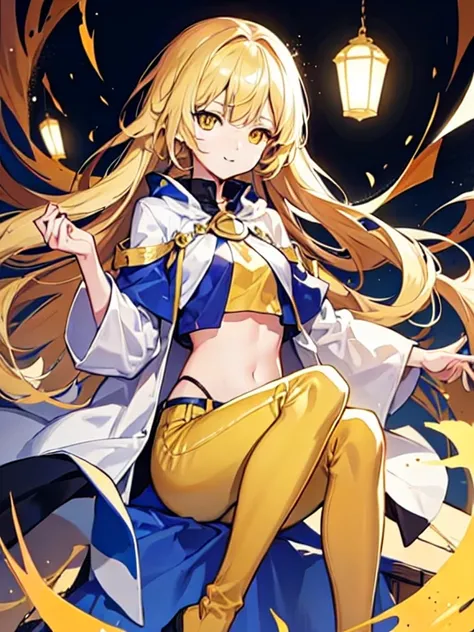 F/GO art style drawing illustration, long straight deep yellow hair, soft smile with bright yellow eyes, cute priestess girl, yellow cropped-top tailcoat, long cotton pants, knee-high boots