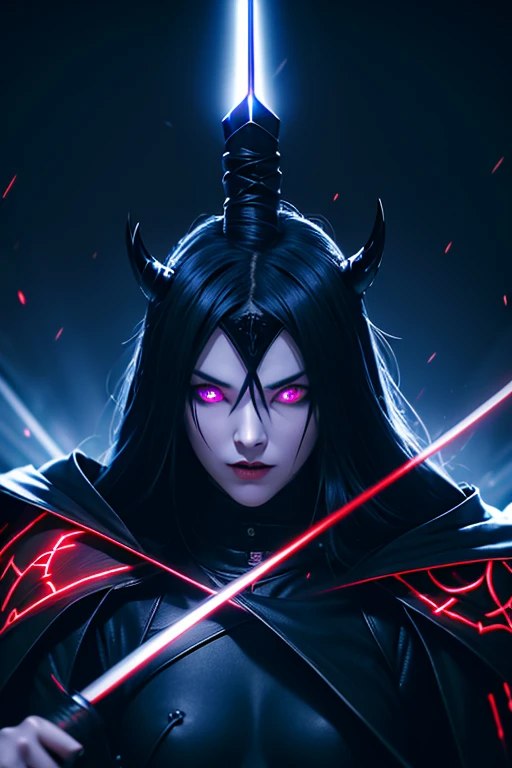 evil temperament, 18-year-old female shadow assassin, glowing black aura, blue hair, snak glowing eyes, eyes color red, devil white horns, black dengerus hell queen suit,the night war rages behind him,  Highest image quality 8K,details everything 8K, god k...