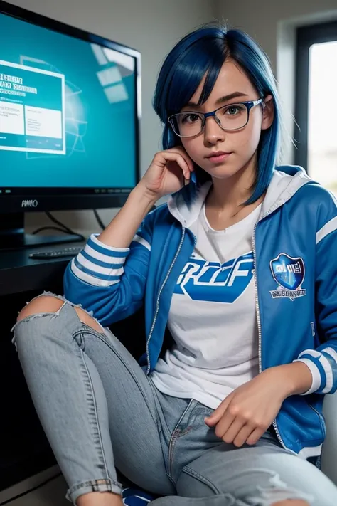 Best quality: 1.0), (Super High Resolution: 1.0), nerdy girl, short royal blue hair, green eyes, grey zip up jacket, Nintendo t-shirt, slight smile, long blue jeans pants, blue and white tennis shoes, sitting in front of computer playing games, background ...