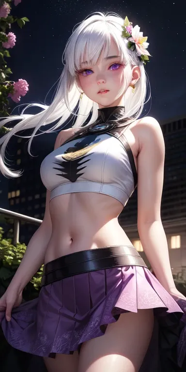 realistic, 1girl, white hair, purple eyes, glowing eyes, crop top, skirt, parted lips, blush, night, flowers, sun, sunlight,