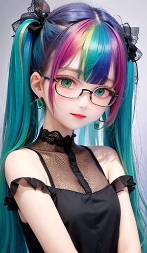 small face、Big chest、 (alone:1.5,)Super detailed,bright colors, very beautiful detailed anime face and eyes, look straight,  shiny_skin,girl, (((rainbow colored hair, colorful hair, Half red、Half emerald green hair: 1.2))), 、shiny hair, delicate beautiful ...