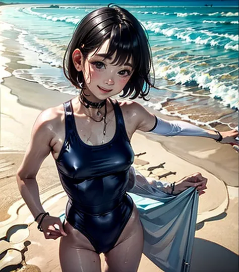 girl、solo、、swimsuit one piece、seductive pose、smile、beach、Playing with the waves on the beach、