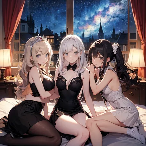 A group of young princesses, (in bedroom), various hair styles, harem, wearing royal dress, night, details face, , short skirt, seducing, sleeveless , showing armpits, night, starry night