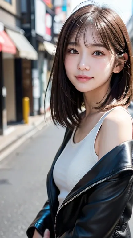 (((Shoulder length straight brown hair mini bob)))、(((目が細くlight eye makeup)))、(((standing alone on the rider&#39;Black leather jacket with the backdrop of a nighttime Kabukicho alley.)))、(((Please come wearing clothes that cover your arms..)))、Half Japanes...