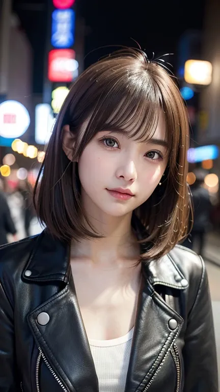 (((Shoulder length straight brown hair mini bob)))、(((目が細くlight eye makeup)))、(((standing alone on the rider&#39;Black leather jacket with the backdrop of a nighttime Kabukicho alley.)))、(((Please come wearing clothes that cover your arms..)))、Half Japanes...