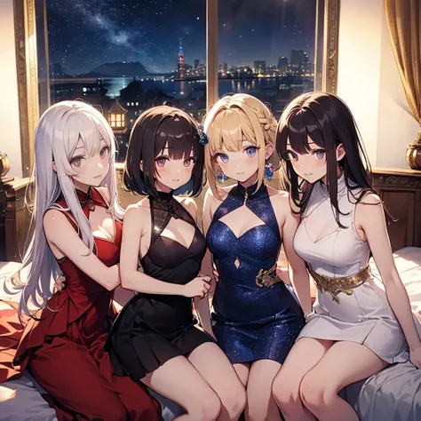 A group of young princesses, (in bedroom), various hair styles, harem, wearing royal dress, night, details face, , short skirt, seducing, sleeveless , showing armpits, night, starry night