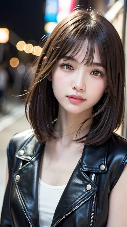 (((Shoulder length straight brown hair mini bob)))、(((目が細くlight eye makeup)))、(((standing alone on the rider&#39;Black leather jacket with the backdrop of a nighttime Kabukicho alley.)))、(((Please come wearing clothes that cover your arms..)))、Half Japanes...