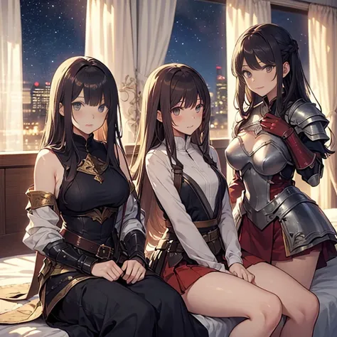 A group of female medieval fantasy adventurer, (in bedroom), various hair styles, harem, wearing armored clothes, armor, night, details face, , short skirt, seducing, sword, sleeveless , night, starry night 