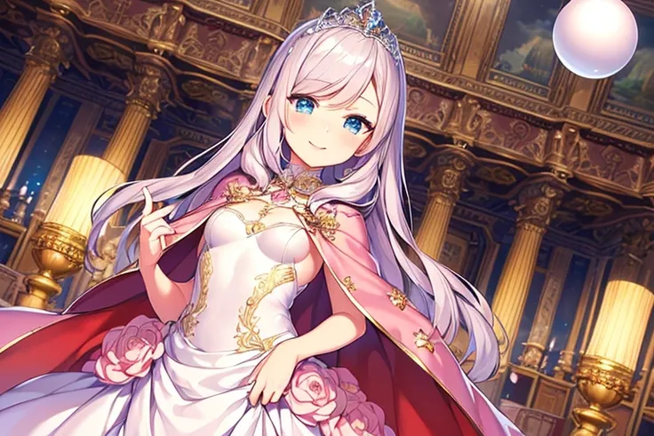 (kawaii),(best quality),(ultra detailed),(rococo style),(long train pastel pink cape:1.15), very long cape,(long train white ball gown with flower decorations:1.1), a girl is wearing a cape over her gown, 1 little princess, tiara, smile, very long hair, sm...