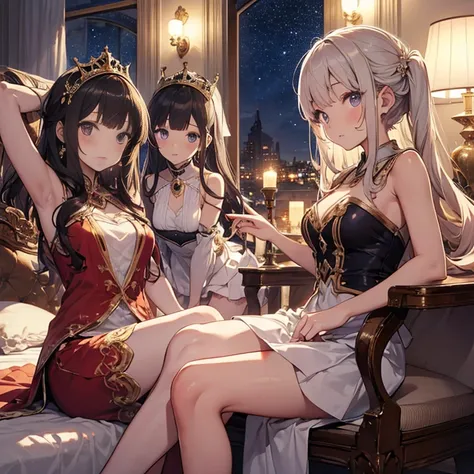 A group of young princesses, (in bedroom), various hair styles, harem, wearing royal dress, night, details face, , short skirt, seducing, sleeveless , showing armpits, night, starry night