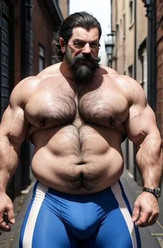  A late 19th century wrestler standing sweaty old man with black hair parted in the middle with very large handlebar mustaches extremely muscular and extremely fat over 70 years old weighing over 600 pounds with extremely large and very saggy muscular brea...