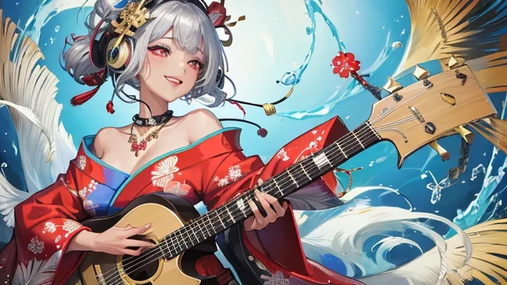 high quality,masterpiece,Dark-skinned Japanese woman in a colorful kimono,arm with tattoo,beautiful droopy eyes,Feathered robe like the Japanese goddess Benzaiten,Short silver hair slicked back,Listening to music through headphones,grin and laugh,Play a Ja...