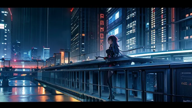 ((masterpiece)),((highest quality)),((high detail)),((realistic,)) future city, architecture street, futuristic railway line, cyber punk, building, night, european cities, Rainy, neon