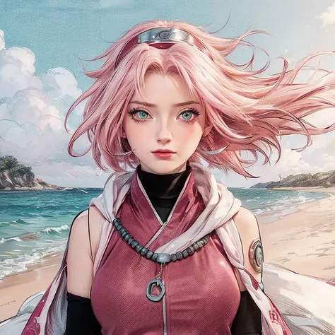 young woman, porcelain skin, long bubblegum pink hair, big pink lips, big emerald green eyes, pink eyebrows, red clothes, Sakura Haruno, 3d, realism, black gloves
