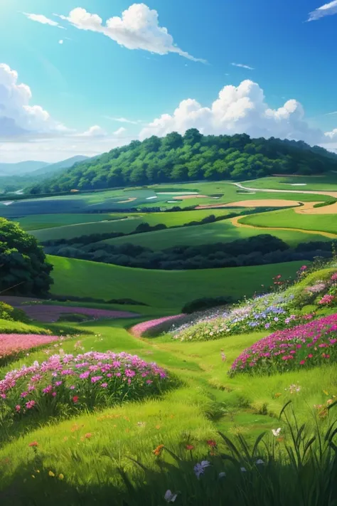 Realistic, authentic, beautiful and amazing landscape oil painting Studio Ghibli Hayao Miyazaki&#39;s petal grassland with blue sky and white clouds