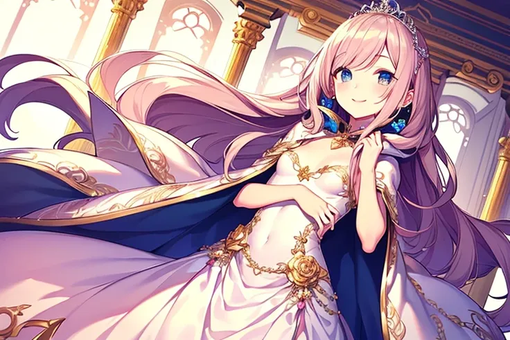 (kawaii),(best quality),(ultra detailed),(rococo style),(long train pastel pink cape:1.15), very long cape,(long train white ball gown with flower decorations:1.1), a girl is wearing a cape over her gown, 1 little princess, tiara, smile, very long hair, sm...