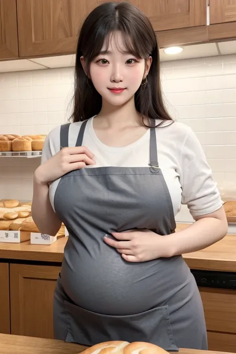 pregnancy,korean,Young Girl,big bust,very large abdomen, wearing a pencil skirt,wearing an apron,Inside the bakery,Highly detailed face and skin texture,whole body