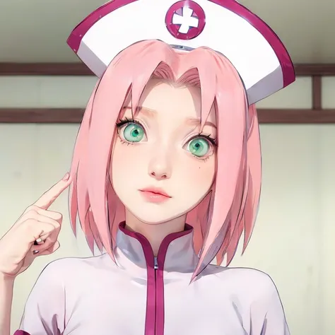 young woman, porcelain skin, long bubblegum pink hair, big pink lips, big emerald green eyes, pink eyebrows, red clothes, Sakura Haruno, 3d, realism, black gloves
