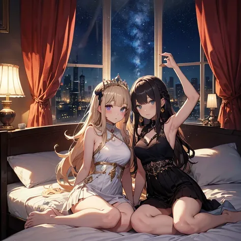 A group of young princesses, (in bedroom), various hair styles, harem, wearing royal dress, night, details face, , short skirt, seducing, sleeveless , showing armpits, night, starry night