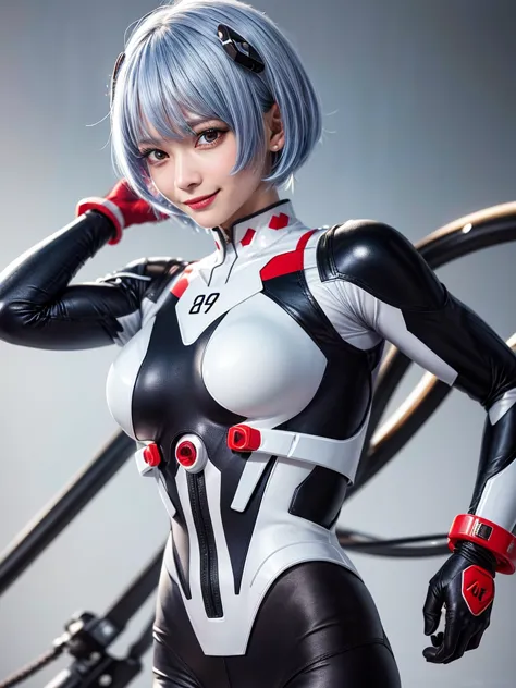 Masterpiece, highest quality, 8K, detailed skin texture, fine cloth texture, beautiful detailed face, intricate details, super detailed, portrait of Rei Ayanami, blue hair, red eyes, looking far away, no background, Evangelion Wearing a plug suit when ridi...