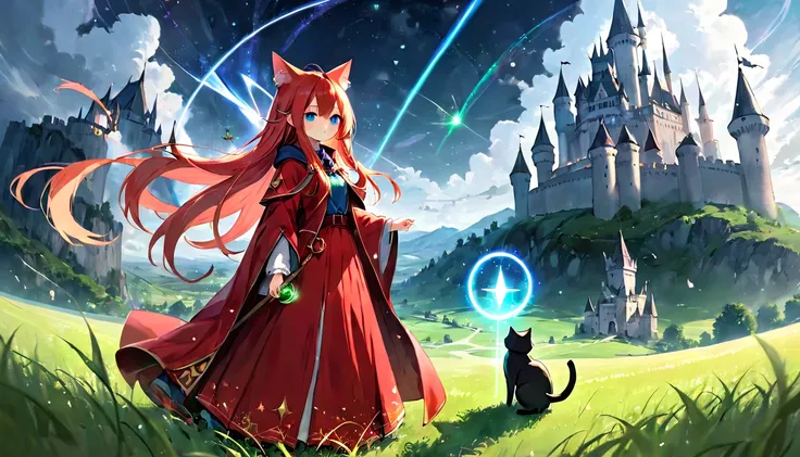 (masterpiece, best quality, very aesthetic, absurdres,general) , 1girl, solo, very long red wizards cloak, long wizards trousers,very long skirt:1.2),The girl is using magic,Glowing triangular magic circle,,cute girl、Girl with clear eyes、Straight long hair...