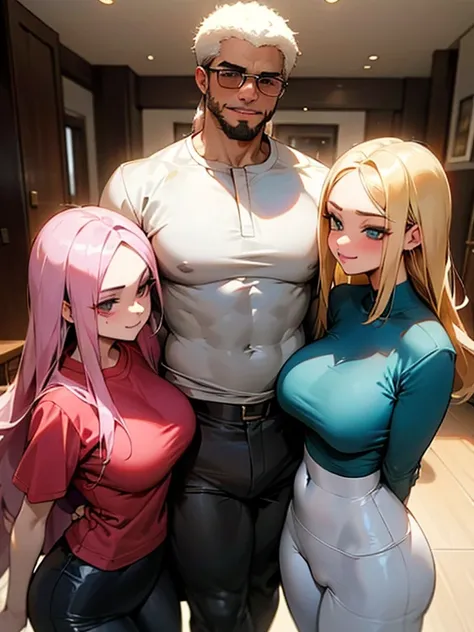 three pale, blond Persian 24 year old girls wearing tight-shirts and long yoga-pants  (the girls express desire towards a nerdy african man) (the girls surround the nerdy african man) (the nerdy african man smirks)
