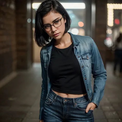 Girls,glasses eyes,short hair,black hair,jeans jacket,jeans,neat and clean,high intonation,(best quality,4k,8k,highres,masterpiece:1.2),ultra-detailed,(realistic,photorealistic,photo-realistic:1.37),vivid colors,portraits,bokeh,soft lighting