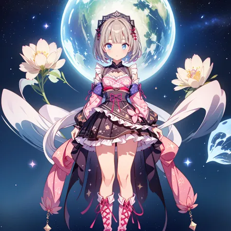 1girl、lower body shot、Focus on boots、vtuber-halfbody、Star Fairy、「A beautifully printed galaxy patterned kimono and gothic lolita outfit.、Space pattern box pleated mini skirt with ruffles、Front view portrait、Knee-high boots、enchanting eyes、Perfect and stunn...