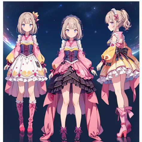 1girl、lower body shot、focus on boots、vtuber-halfbody、star fairy、「a beautifully printed galaxy patterned kimono and gothic lolita...