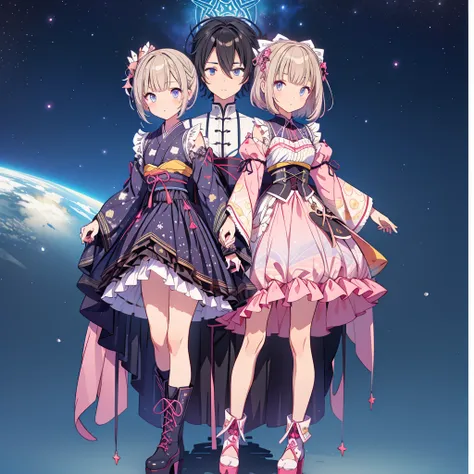 1girl、lower body shot、focus on boots、vtuber-halfbody、star fairy、「a beautifully printed galaxy patterned kimono and gothic lolita...