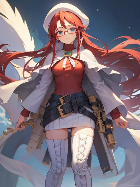 summonnightThere, There, long hair, blue eye, red hair, beret, have, Glasses,
break long hair, Thighhighs, have, dress, boots, Glasses, belt, cape, sweater, zettai ryouiki, beret, thigh boots, white shoes, ribbed sweater, loose belt,alone,
break outdoors, ...