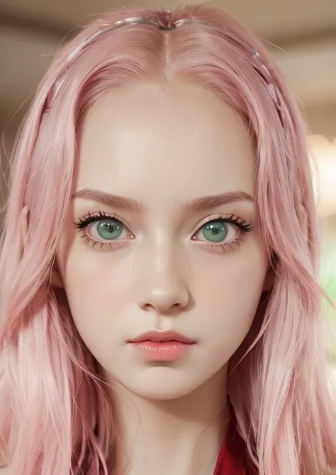 young woman, short shoulder-length pink hair, wide forehead, porcelain skin, pink eyebrows, big emerald green eyes, buttoned nos...