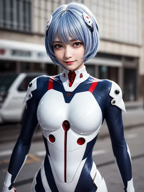 Masterpiece, highest quality, 8K, detailed skin texture, fine cloth texture, beautiful detailed face, intricate details, super detailed, portrait of Rei Ayanami, blue hair, red eyes, looking far away, no background, Evangelion Wearing a plug suit when ridi...