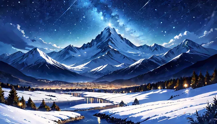 (masterpiece, best quality, very aesthetic, absurdres,general),Landscape with twinkling stars at night, mountains visible in the distance, snow on the top of the mountain