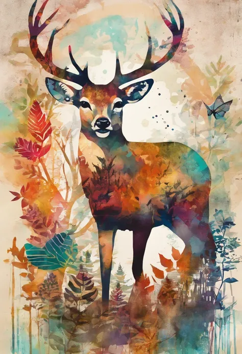 une biche courant, forest ::2 colorful ink painting ::2 art fantasy