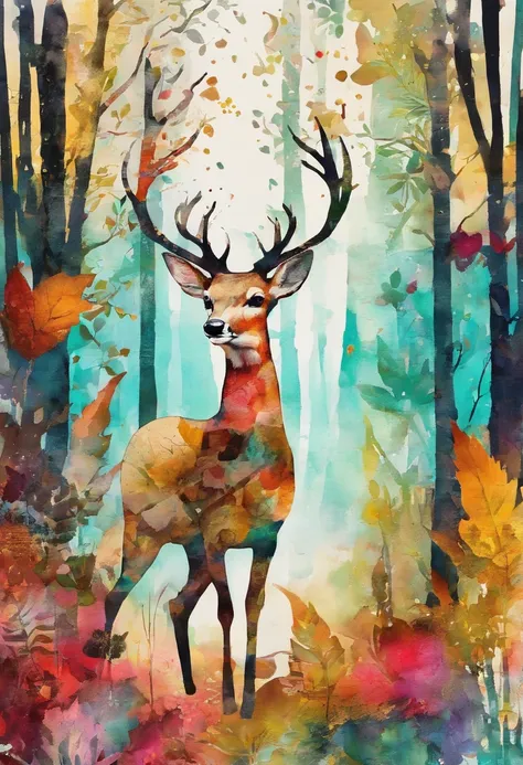 une biche courant, forest ::2 colorful ink painting ::2 art fantasy