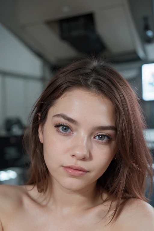 foto de una mujer con cabello rosado, (pecas:0.8) cara linda, Science fiction, dystopia, ojos detallados, blue eyes