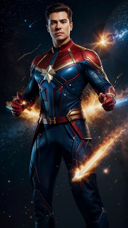 hot men, captain marvel,full body  ,power effect on hands, flying pose ,galaxy background, 4k , detail face 