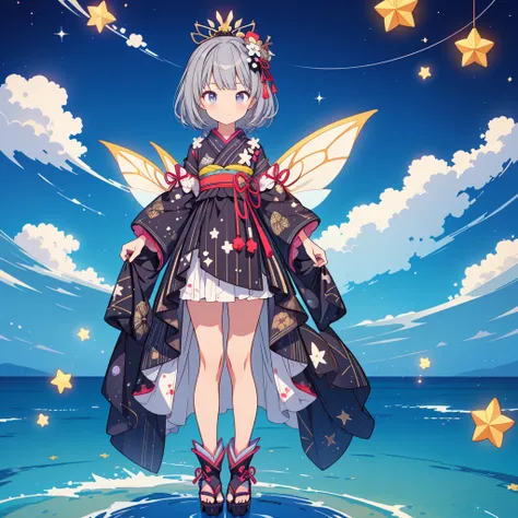 highest quality、８K,handsome face、vtuber-halfbody、A picture of the front straight towards the viewer、Star Fairy、Full body front portrait、front、1girl,highest quality、masterpiece、official art、Super detailed、super beautiful、Cute Star Fairy、Gray hair straight l...