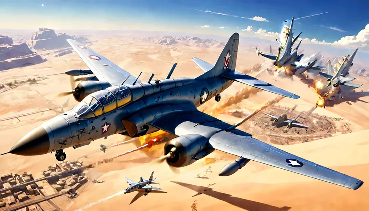 (masterpiece, best quality, very aesthetic, absurdres,general),Aircraft bombing, desert
