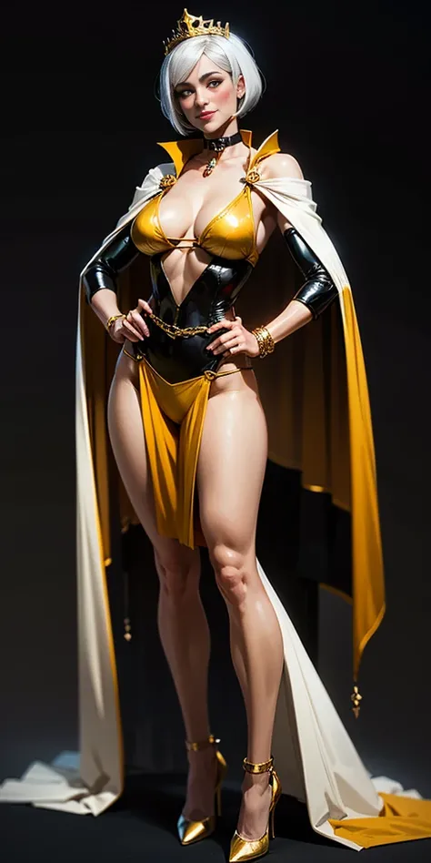 ((BLACK BACKGROUND,1:2, masterpiece)), full body MILF BIMBO standing with two long thighs and two high heels, red eyes, silver white hair, short bob style hair, big breasts, cleavage, separate sleeves, tiara royal, long cape up to two feet, yellow bikini, ...