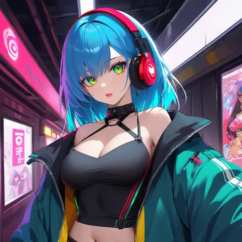 A young and very sexy and beautiful adult woman with large green eyes, long Blue hair and heavily inspired in cyberpunk art. Impeccably make up with red lipstick, dark eyeshadow accentuating her bright eyes. Shes dressed in an open jacket thats slightly ov...