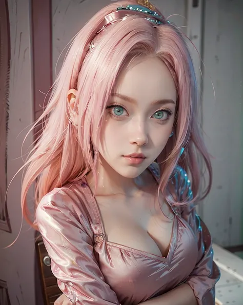 young woman, bubblegum pink hair tied in a bun, wide forehead, porcelain skin, pink eyebrows, emerald green eyes, upturned nose, thick pink lips, heart-shaped face, dark red clothes, Sakura Haruno, realism, well detailed, 3d
