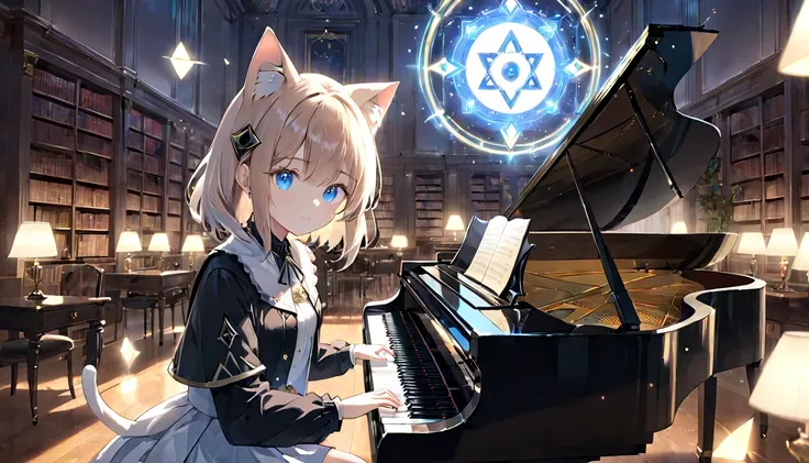 (masterpiece, best quality, very aesthetic, absurdres,general) ,
1girl, solo,、music room、Girl playing classical piano、Cat ear、clear eyes,artificial intelligence,Glowing triangular magic circle, library room