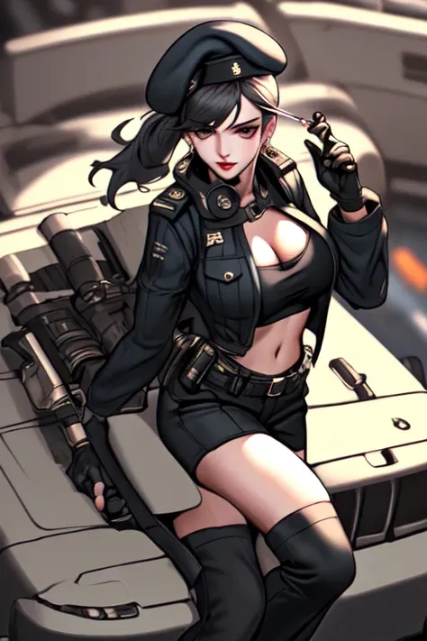  19 years old, (milf:0.8), (solo:1.5), (sfw:1.25), sexy breast, beautiful breasts, (medium tits:0.8), thin waist, big ass:1.0, Raised sexy, (black beret,black military jacket, open clothes, cleavage, midriff, black shorts, black thighhighs, thigh strap, fi...