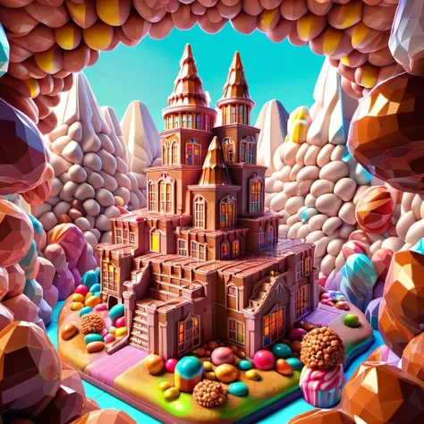 digital art depicting the inside of willy wonka's chocolate castle adapted to resemble a praline diorama with hyperrealism and h...